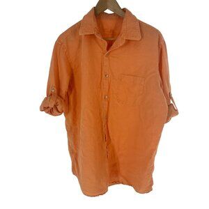 Tasso Elba Island Mens Orange Linen-Blend Button-Up Shirt L 16-16.5 Roll sleeve